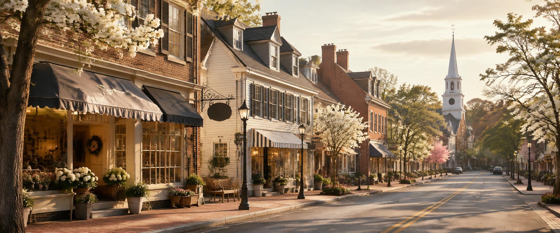 Historic main street with colonial storefronts and flowering trees