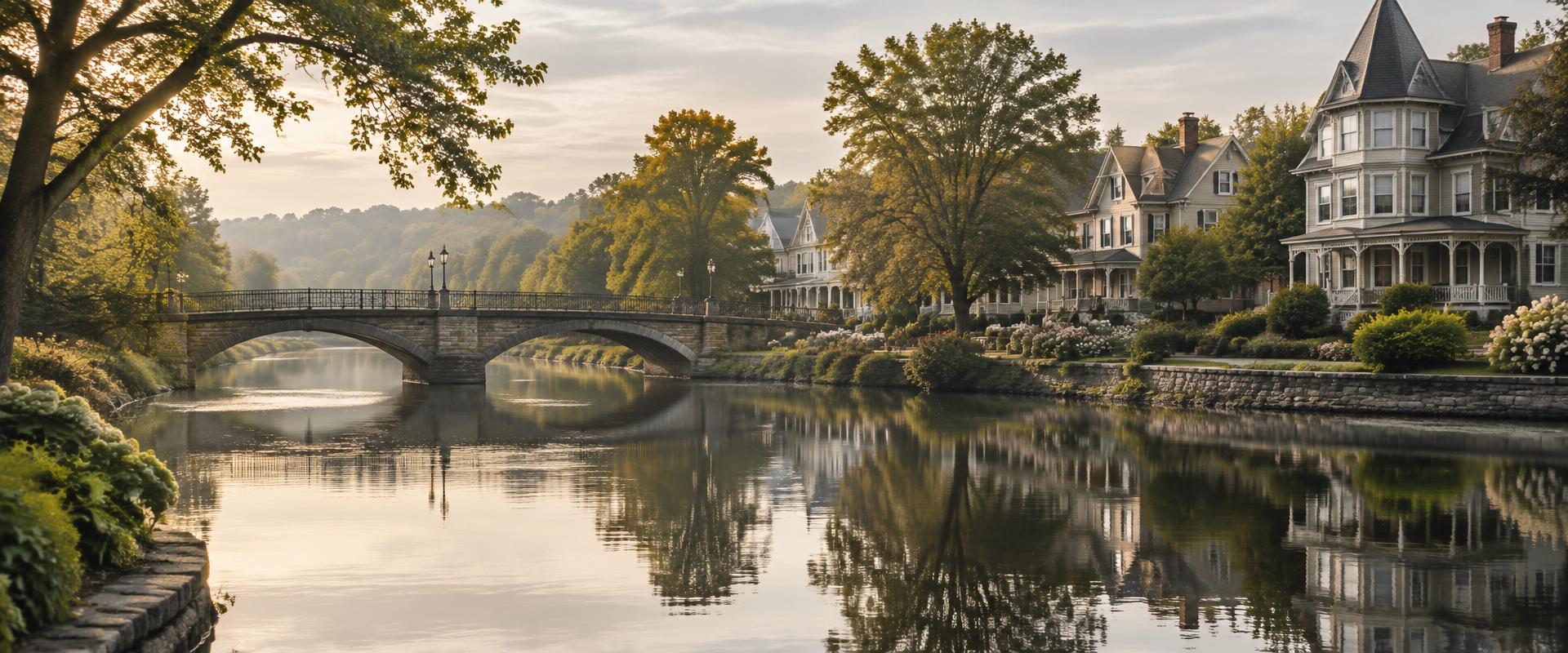 Quiet river with a historic stone bridge and Victorian homes