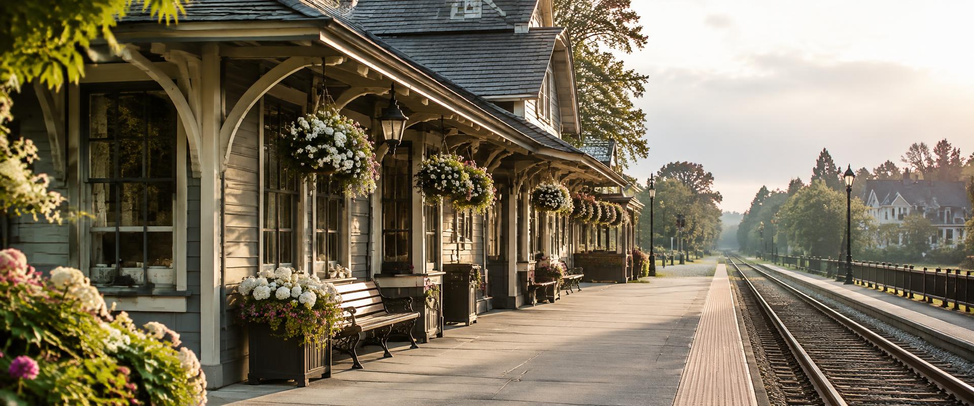 Charming vintage train station platform with flower baskets