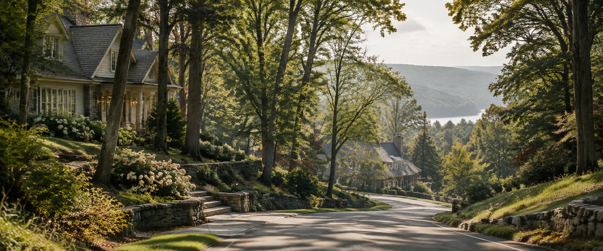 Winding road through a wooded hillside neighborhood