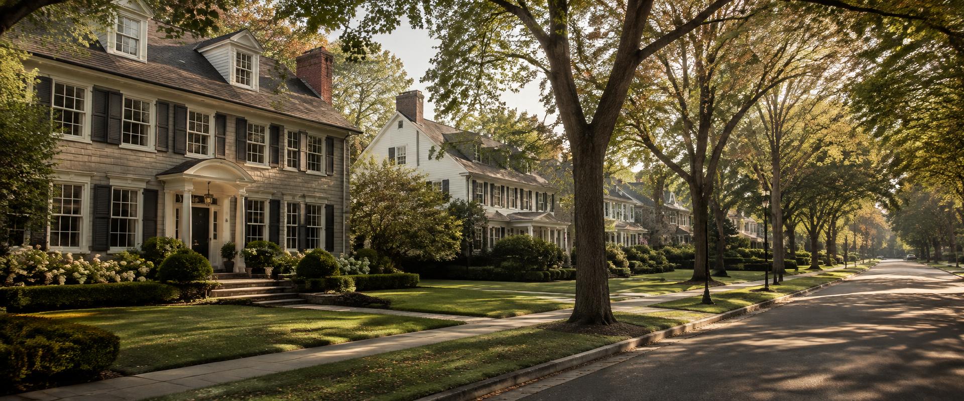 Tree-lined residential street with stately colonial homes