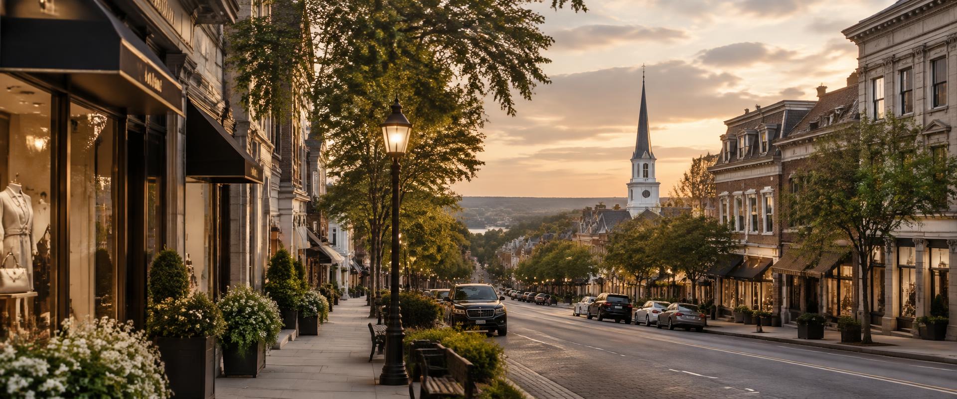 Upscale downtown street with boutiques and a church steeple at dusk
