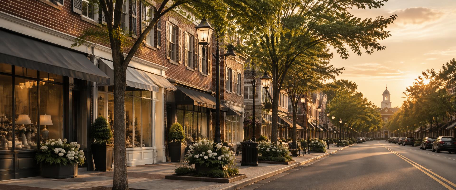 Tree-lined downtown street with brick storefronts at golden hour
